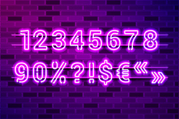 Glowing purple neon lamp numbers and special characters