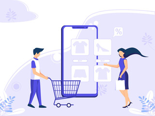 Online shopping concept illustration, suitable for web design, mobile app, banners, landing pages with flat style illustrations.