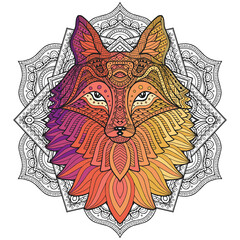Fox head in detailed style. Zentangle fox. Vector pattern for tribal design. Geometric Ethnic motif with rhombus, triangles. Graphic style. Fox for print, web, textile, wrapping paper.