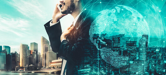 The modern creative communication and internet network connect in smart city . Concept of 5G wireless digital connection and internet of things future.