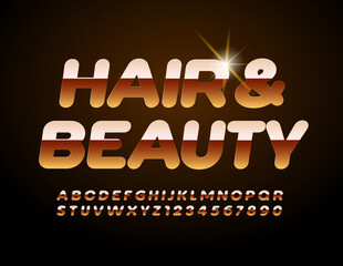 Vector chic logo Hair & Beauty. Shiny Gold Font. GLamour luxury Alphabet Letters and Numbers set