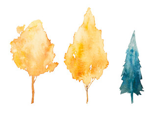 Watercolor autumn trees set. Forest items sketch isolated on white background
