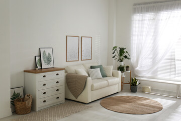 Modern chest of drawers in living room. Interior design