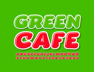 Naklejka premium Vector modern logo Green Cafe. Red comic Font. Playful style Alphabet Letters and Numbers set