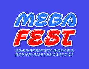 Vector event poster Mega Fest. Creative blue Font. Handwritten Alphabet Letters and Numbers set