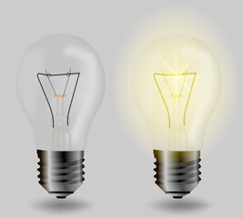 vector realistic light bulbs on a gray background, lamp on and lamp off