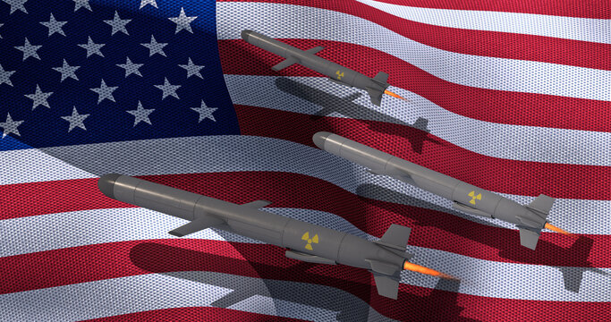 Nuclear Cruise missile on the background of the American flag. 3D render