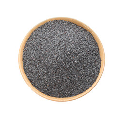 Poppy seeds in ceramic bowl isolated on white, top view