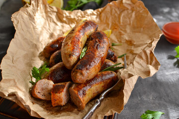 Grilled sausages. Bavarian sausages with herbs and rosemary. Food on parchment. Close-up. Gray background.