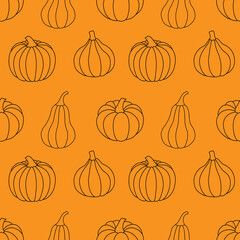 Seamless pattern with black outline pumpkins on an orange background. Vector illustration. For thematic background decoration, cards, banners, holiday designs, prints, wrappings, textiles, fabrics.