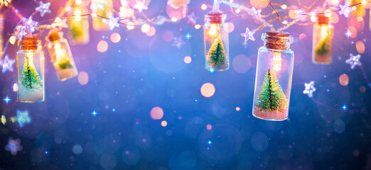 Abstract Christmas Card With Defocused Vintage Effects - String Light With Trees In Glass Jars...
