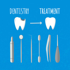 Dentistry. Tooth caries treatment. Dental instrument.Vector illustration on isolated blue background. Flat style for
dental clinics, banner, network, logo