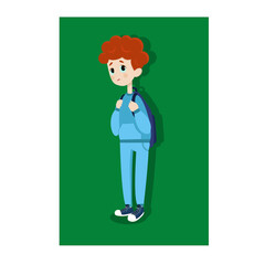 red-haired boy with a sad face. in a blue tracksuit and a backpack over his shoulders