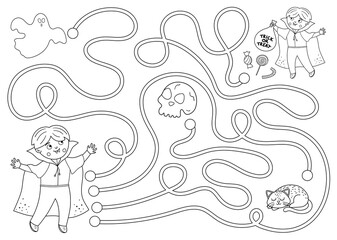 Halloween black and white maze for children. Autumn preschool printable educational activity. Funny day of the dead game or coloring page. Help the boy get to the sweets .