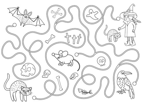 Halloween black and white maze for children. Autumn preschool printable educational activity. Funny day of the dead game or puzzle with black kitten, bat, mouse. Help the cat get to the witch.