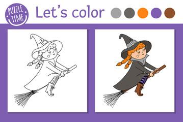 Halloween coloring page for children. Cute funny witch flying on the broom. Vector autumn holiday outline illustration. Trick or treat dress party color book for kids with colored example.