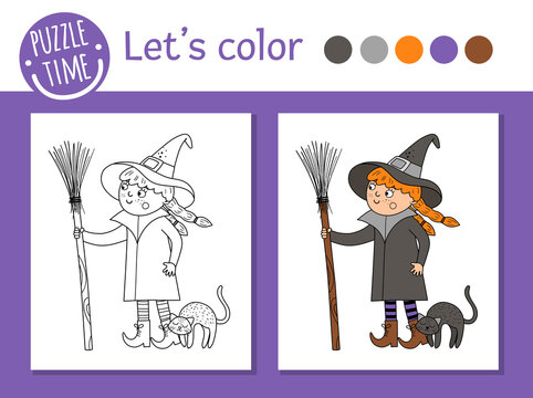 Halloween Coloring Page For Children. Cute Funny Witch With Broom And Cat. Vector Autumn Holiday Outline Illustration. Trick Or Treat Dress Party Color Book For Kids With Colored Example.