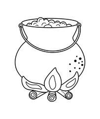 Cute vector black and white cauldron on fire. Halloween object icon. Autumn all saints eve illustration with witch related element. Samhain pot with green potion coloring page for kids. .