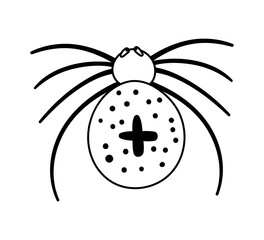 Vector black and white spider with cross on back. Halloween character icon. Cute autumn all saints eve illustration with scary insect. Samhain party coloring page for kids. .