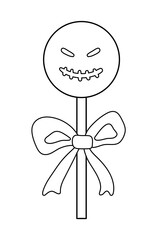 Vector black and white sweet for trick or treat game. Scary ghost like lollypop with bow. Traditional Halloween party food. Monster shaped dessert. Autumn holiday coloring page.