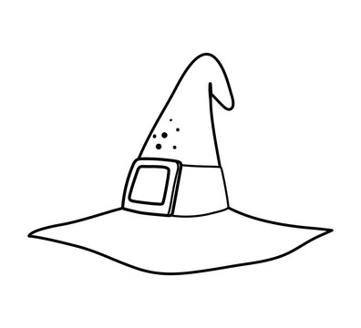 Cute Vector Black And White Wizard Hat. Halloween Accessory Icon. Funny Autumn All Saints Eve Coloring Page With Tall Witch Hat. Samhain Dress Party Costume Element For Kids. .
