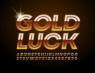 Vector elegant sign Gold Luck. Shiny decorative Font. Luxury chic Alphabet Letters and Numbers set