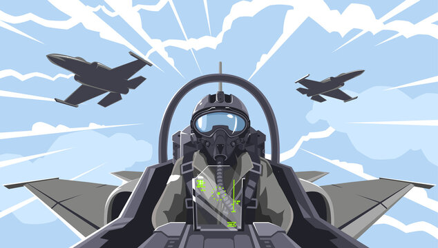 Pilot's in the fighter. Aircraft-fighter cockpit overview. Aerobatic team in the air. A military fighter in the clouds. Figures of higher pilatage. The pilot of a military plane. Illustration, EPS 10
