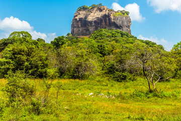 The close up view of the western side of the rock fortress of Sigiriya in Sri Lanka