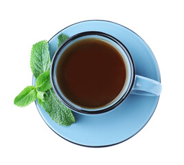 Cup with hot aromatic mint tea isolated on white, top view
