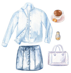 Clothing set of denim skirt, blue shirt, handbag, perfume and a cup of coffee. Watercolor sketchy illustration on a white isolated background. 