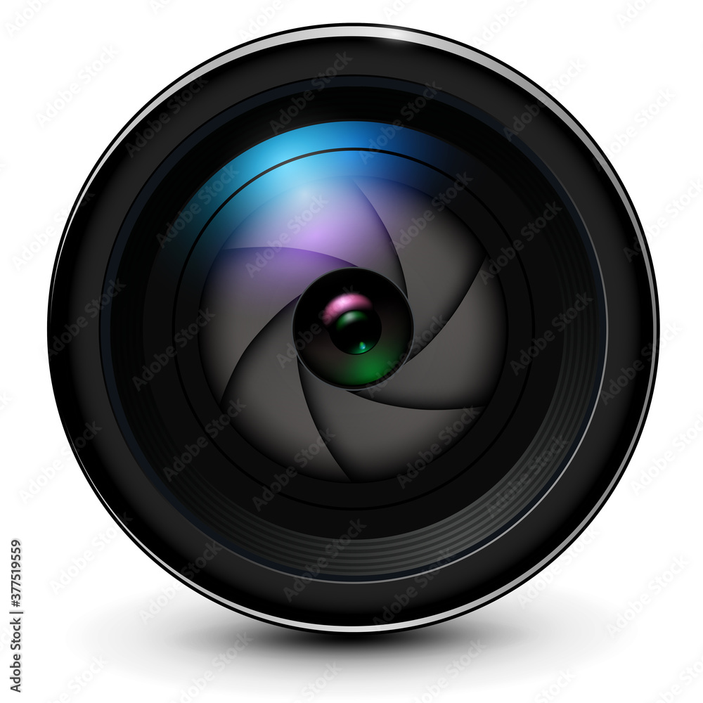 Poster camera photo lens 3d with shutter inside realistic icon, vector illustration.
