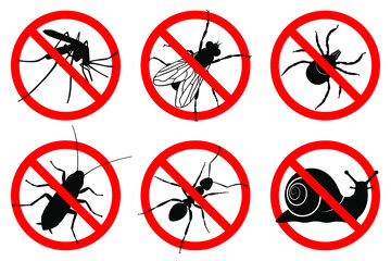 Prohibition insects signs. No: mosquitoes, flies, cockroaches, ants, mites, snails icon set. Warning symbols isolated on white background. Vector illustration