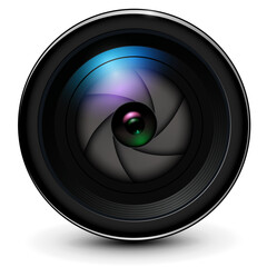 Camera photo lens 3D with shutter inside realistic icon, vector illustration.
