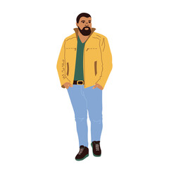 Illustration of a man with a beard in a jacket and jeans. Overweight man model drawn in flat style isolated on white background. Cool vector male character with a beard dressed in a casual style.