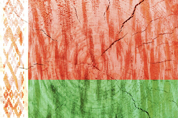 Belarus flag printed on wooden surface. Belorussian symbol on cracked surface
