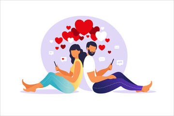 Virtual relationships. Online dating. Man and woman in love. Couple sitting back to back with smartphones. Vector illustration, flat style.