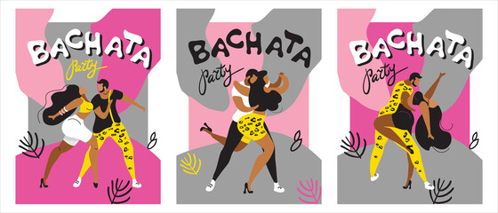 set of vector pictures with dancers. people dance bachata, latin dances. sexy couple dancing sensually.