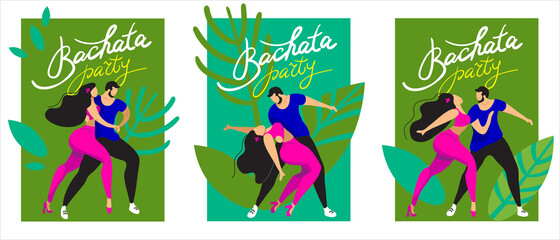 set of vector pictures with dancers. people dance bachata, latin dances. sexy couple dancing sensually.