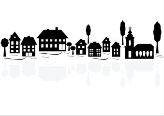 Black township silhouettes with gray reflection, row of houses and trees. Vector format.