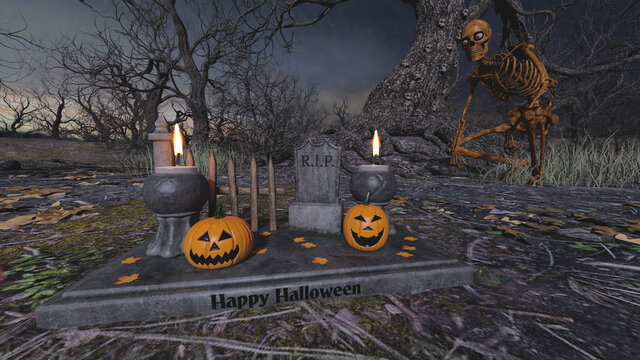 Realistic 3D render illustration of a decorative tombstone and monument with lying Halloween pumpkins in the night forest watched by a seated skeleton