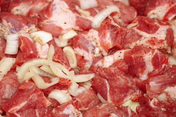 Pork meat with onions ready for bbq. Food and ingredientes