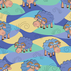 Fototapeta premium Cartoon rams graze. Vector childrens background. Cartoon ram graze in the meadow. Flat style. 