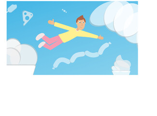 A man flying with his arms outstretched among the edible clouds. Cartoon style. Clouds in the form of products.