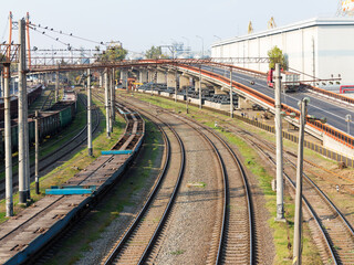 Freight trains stand in a queue for loading at the cargo terminal of the Odessa sea port. Rail transportation most economical logistics solutions