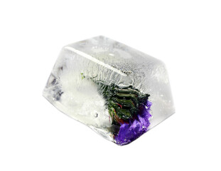 Ice cube with flower on white background