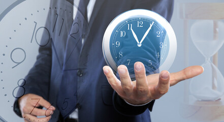 Time management concept. Multiple exposure with man and clocks, closeup