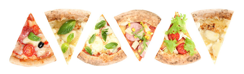 Set with pieces of different pizzas on white background, top view. Banner design