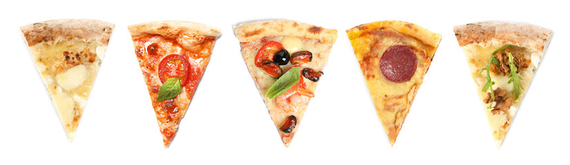 Set with pieces of different pizzas on white background, top view. Banner design