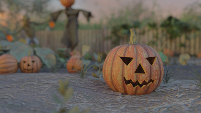 Realistic 3D render illustration of a Halloween pumpkin lying on a backyard