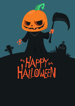 Grim reaper jack-o-lantern cartoon design. Vector illustration of a scarecrow holding scythe